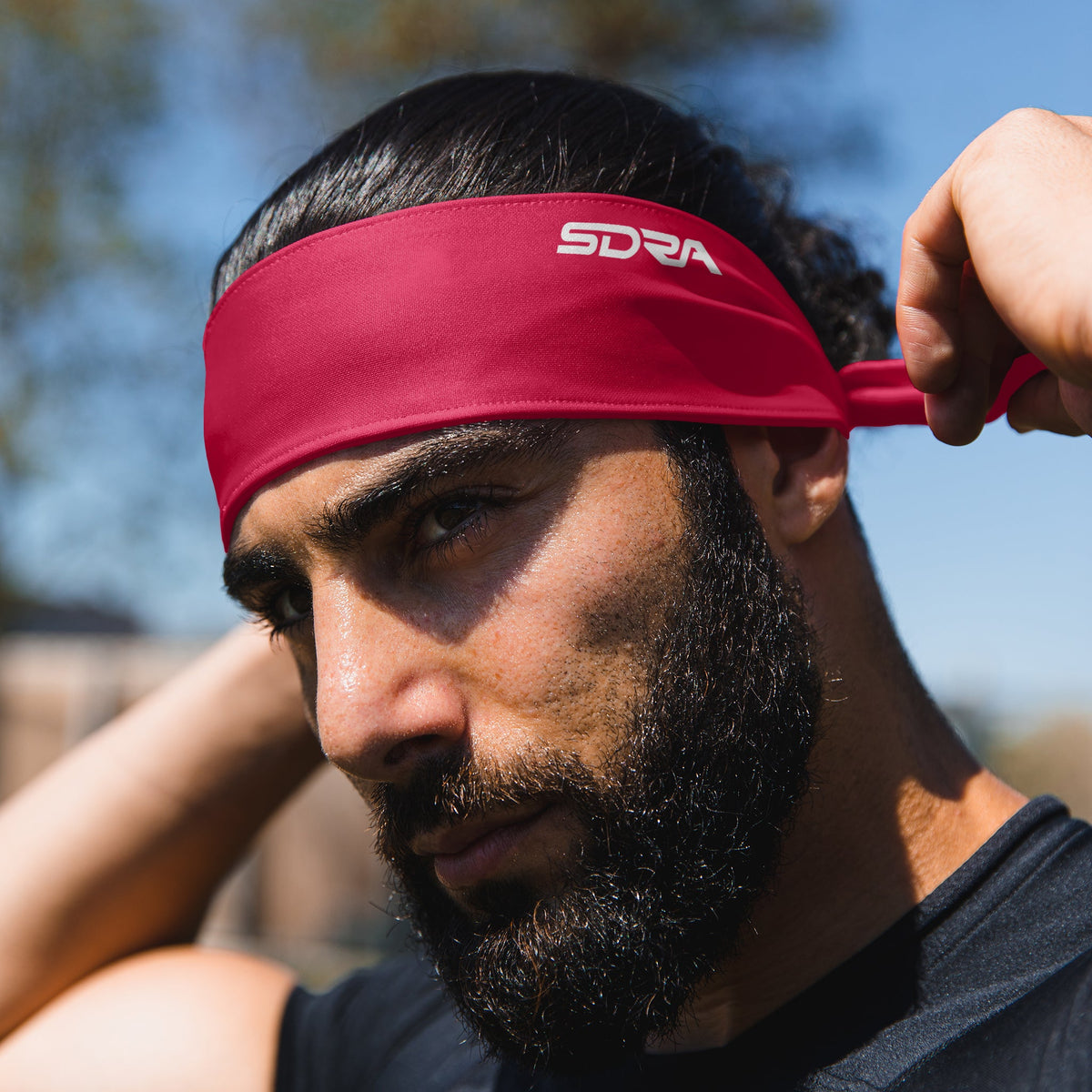 Suddora Tie Headband, Red, worn, front view