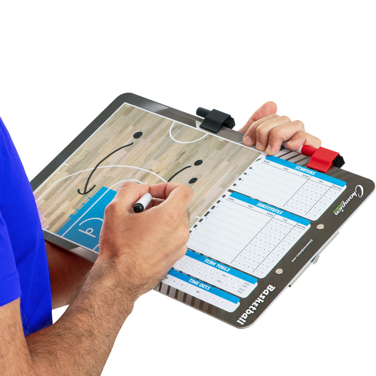Champion Sports BKBOARD Basketball Dry-Erase Coaches Board, in use on the half-court and line-up side